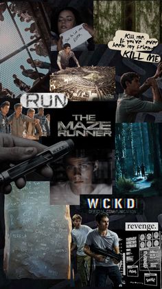 the maze runner collage is shown with many different pictures and words on it's side