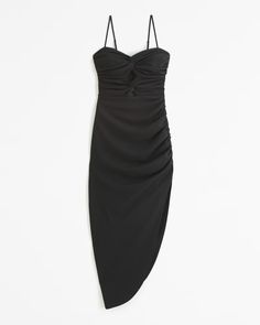 Women's Ruched Front Cutout Asymmetrical Midi Dress | Women's The A&F Wedding Shop | Abercrombie.com Cute Jumpsuits, Asymmetrical Midi Dress, Engagement Session Outfits, All Black Looks, Wedding Weekend, Crepe Fabric, Womens Midi Dresses, Rompers Women, Wedding Season