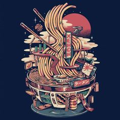 an illustration of noodles and chopsticks stacked on top of each other