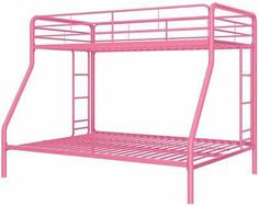 a pink metal bunk bed with ladders on the bottom and bottom rails, against a white background