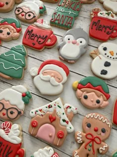 decorated christmas cookies on a wooden table