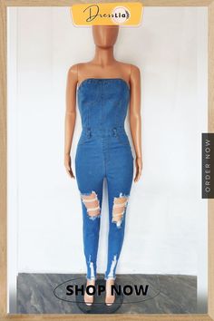 Strapless Distressed Hole Cut Out Denim Jumpsuit Denim Jumpsuit, 1 Million, Cut Out, Jumpsuit