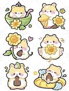 some cute little animals with flowers on their heads and one has a flower in its mouth