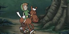 a cartoon character riding on the back of a horse