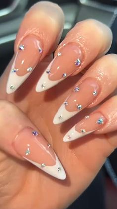 Baddie Nails Acrylic Long Almond, Almond Nails Designs Sparkle Glitter, Round Stilleto Nails Long, Almond Shaped Baddie Nails, Long Almondetto Nails, Bejeweled French Nails, Oval Nails Designs Rhinestones, Bedazzled Almond Nails, Almond Nails Designs Graduation