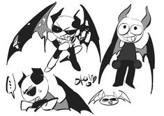 three cartoon bats with different expressions and shapes, one in black and white the other in gray