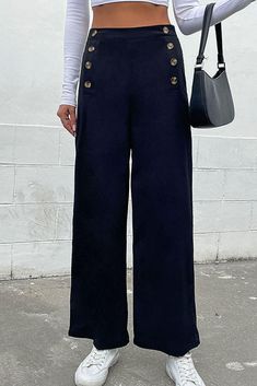 Looking for the newest fashion trends at a great price? Check out this Double-Breasted Wide Leg Pants from Trendsi. See this and many other great apparel and accessory items at https://www.flyclothing.com/products/double-breasted-wide-leg-pants. #ootd #fashion #apparel #flyclothing #trendsi #womens #jewelry Style Casual Chic, Sailor Pants, Polyester Pants, Korean Casual, Comfy Pants, Weave Style, Decorative Buttons, Pantalon Large