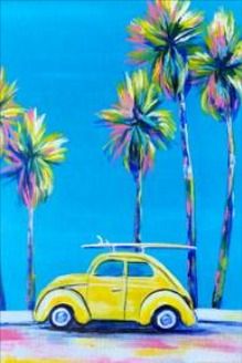 a painting of a yellow car parked in front of palm trees on a blue sky day