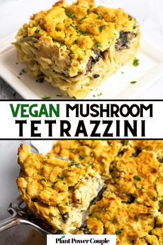 Two photos of a triangular slice of creamy noodle casserole on a round white plate with text reading: vegan mushroom tetrazzini Vegan Recipes For Picky Eaters, Vegetarian Casserole Recipes, Vegan Entree Recipes, Quick Vegetarian Dinner, Vegetarian Casserole, Vegan Casserole, Tofu Recipes Vegan