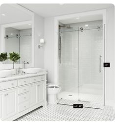 a white bathroom with two sinks and a walk in shower