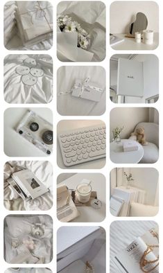 many different pictures of white items on display in the same photo, including a keyboard and other things