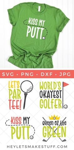 two shirts with the words kiss my putt on them and an image of a golf tee