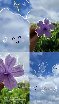 four different pictures of flowers with clouds in the background and one being drawn by someone's hand