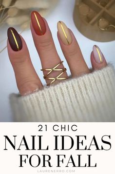 Get inspired with these chic and cozy fall nail ideas! From warm seasonal colors to enchanting designs, find the perfect nail art for autumn. Fall Nails With Gold Lines, Stylish Fall Nails, Beginning Of Fall Nails, French Fall Nails, Late Summer Early Fall Nails, Latte Nails, Matte Almond Nails, Pumpkin Spice Nails, Fall Nail Ideas