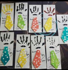 six handprinted cards with different designs on them