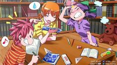 three children are sitting at a desk in front of bookshelves and an open book