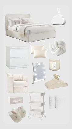 a white bedroom is shown with all the items needed to make it look like an adult