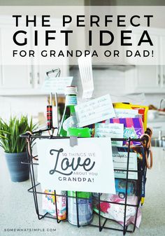 the perfect gift idea for grandpa or dad is in a basket with lots of cards