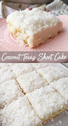 coconut texas sheet cake is cut into squares and placed on a plate with the rest of the cake in the background