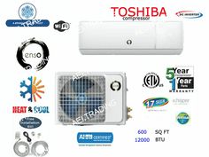 toshiba air conditioner package with heat and cool logo stickers on the back