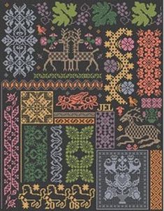 a cross stitch pattern with many different designs on the front and back of it, including horses