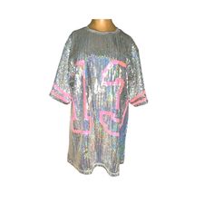 Holographic Sequin Dress With #13 In Pale Pinksequins. Pick Sequin Stripes On Sleeves. Fully Lined. Ua-Ua 22” Length 32” Looks Different At Every Angle! Wear Alone Or With Leggings! Perfect Concert Wear Or Girls Night Out! Metallic Sequin Dress For Spring, Silver Sequin Glitter Dress For Summer, Metallic Sequin Dress With Contrast Design For Summer, Silver Sequin Dress For Summer, Silver Sequin Fabric With Contrast Sequins For Summer, Pink Ombre Sequin Dress, 13 Shirt, Heart Heels, Affordable Sequined Summer T-shirt