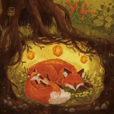 a painting of two foxes sleeping in the woods with pumpkins hanging from their trees