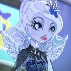 a close up of a cartoon character with blue eyes and wings on her face,