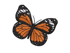 an orange and black butterfly embroidered on a white background