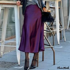 Olivia Mark - Elegant High-Waisted Midi Skirt with Flattering Mermaid Hemline Purple Satin Skirt, Half Dress, Fishtail Skirt, Skirts Midi High Waisted, Party Skirt, Purple Satin, Luxury Silk, Satin Skirt, Drop Shipping