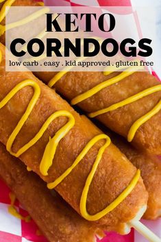 keto corn dogs on a red and white checkered tablecloth with text overlay