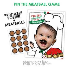 a baby with a chef hat and mustache next to some printable poster meatballs