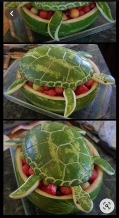 a turtle made out of watermelon and tomatoes