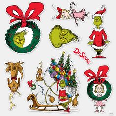 the grin's christmas stickers are all different colors and sizes, including green