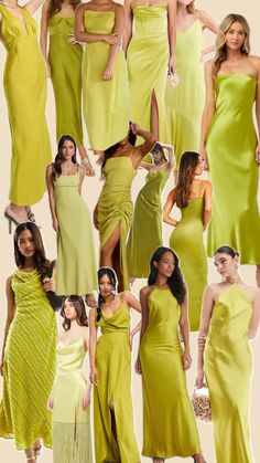 a group of women in yellow dresses standing next to each other and posing for the camera