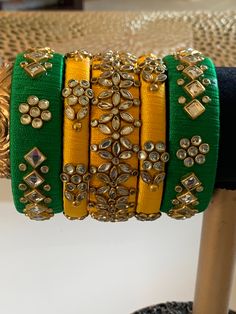 Product code- bang -2 Yellow and green 5 piece reshmi silk thread bangles with beautiful stonework and kundan work.size 2.8 Green Thread Bangles, Pink Bangles, Festive Jewellery, Silk Thread Bangles Design, Silk Bangles, Thread Bangles Design, Bangles Diy, Hand Work Design, Kundan Work