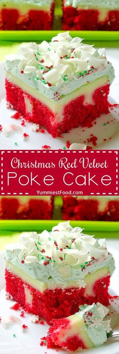 christmas red velvet poke cake with white frosting and sprinkles on top