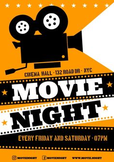 a movie night poster with an old fashioned camera