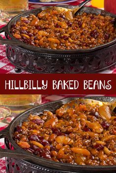 two pictures of baked beans in a casserole dish, with the words hillbilly baked beans above them