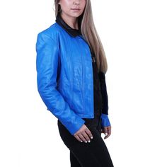 With its unique, contemporary styles and modern designs, Leather Skin Shop has completely changed the game when it comes to pulling off leather outerwear. The women blue leather biker jacket is one of our most famous designs with people who want to stay warm in style, but do not want to go for the OG leather jacket look. If you don’t like the idea of heavy jackets that weigh you down, then here is a simple and elegant Solid Blue with Black Collar All Purpose Jacket to keep you fashionably warm and comfortable. The vibrant blue color is as refreshing as it gets and instantly picks up a moody outfit and turns it into one fit for a party. With its characteristic long sleeves, an option between zipping and button closure for the front, straight hem, and a beautiful finishing – this gorgeous bl Casual Fitted Blue Leather Jacket, Blue Moto Biker Jacket With Zipper Closure, Fitted Blue Biker Jacket With Zipper Closure, Blue Biker Leather Jacket For Winter, Blue Long Sleeve Biker Leather Jacket, Blue Fitted Moto Leather Jacket, Blue Fitted Biker Leather Jacket, Trendy Blue Leather Jacket With Zipper, Fitted Blue Biker Leather Jacket