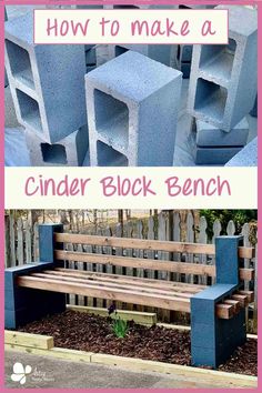 a bench made out of cinder blocks sitting in front of a wooden fence with the words how to make a cinder block bench