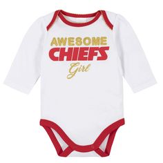 Kansas City Chiefs Baby Girls Bodysuit, Pant, and Cap Set Casual Cotton Onesie For Game Day, Sporty Long Sleeve Cotton Onesie, Sporty Cotton Long Sleeve Onesie, Sporty Cotton Onesie For Playtime, Dallas Cowboys Baby Clothes, Kansas City Chiefs Toddler Shirt, Chiefs Apparel, Cowboys Onesie, Football Onesie