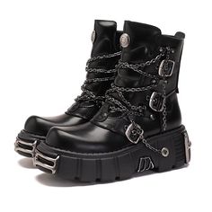 Experience the perfect blend of alternative fashion and rebellious style with our Alternative Rock Boots Platform Shoes. Crafted with high-quality eco leather, these black boots are designed to stand out and make a statement. The striking design features thin chains and side buckle belts, adding a touch of edginess to your look. Free shipping in the US and worldwide. These boots are tailor-made for those who embrace alternative aesthetics, goth fashion, and dark style. Whether you're attending a music festival, a night out with friends, or simply expressing your individuality, these boots will elevate your outfit to the next level. Pair them with your favorite E-Girl outfits or dark rave ensembles for a truly captivating appearance. High-quality eco leather construction for durability and Dark Rave Outfit, E Girl Outfits, Rock Boots, Spring Boots, Boots Platform, Martin Boots, Alternative Rock, Dark Fashion, Dark Knight