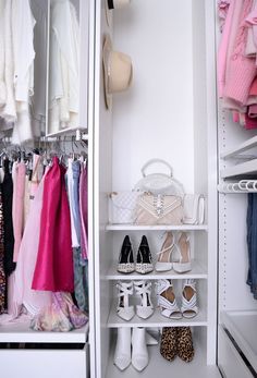 an organized closet with shoes and handbags