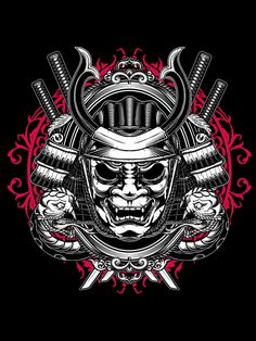 a skull wearing a helmet and holding two swords in front of a black background with red accents