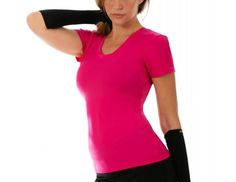 Look your best during workouts with the flattering I.F. Pro Short Sleeve V-Neck Top. The compression fabric on this workout top is great for athletic performance as well as for shaping your figure. Whether you work out at the gym, at a yoga studio or outdoors, this short-sleeve athletic top helps to keep your cool and comfortable during any physical activity. The V-neck style is tasteful and feminine, and you can pick from black, grey or fuchsia pink depending on your favorite fashions. Find a r Stretch V-neck Activewear For Pilates, Compressive V-neck Top For Athleisure, Fitted V-neck Top For Pilates, Sporty Compressive V-neck Top, Fitted Moisture-wicking Activewear With Scoop Neck, Fitted Functional Activewear With Scoop Neck, Stretch V-neck Activewear For Yoga, Functional Fitted Activewear With Scoop Neck, Pink V-neck Activewear For Workout