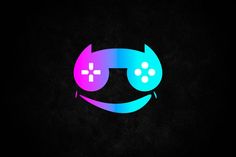 a black background with a blue and pink smiley face holding two video game controllers in it's hands