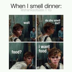 four different pictures of the same person in front of a wall with words that say, what do you smell like? i want food?