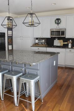 a kitchen with an island and three stools