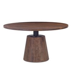 a round wooden table with black metal legs